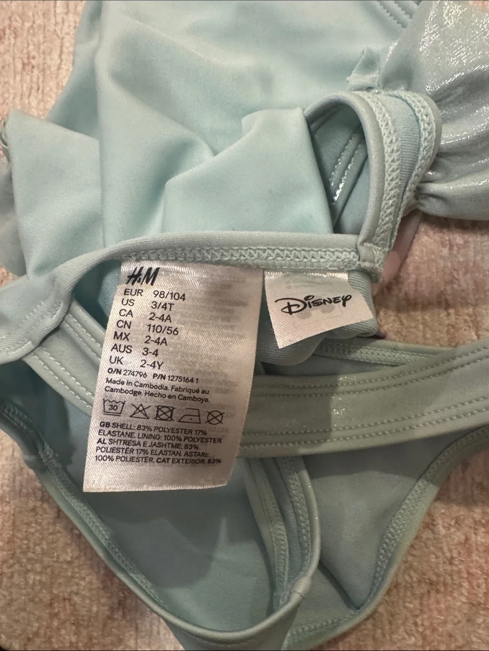H&M Disney Frozen Light Blue Elsa One-Piece Swimsuit with Ruffle Details (3/4T)